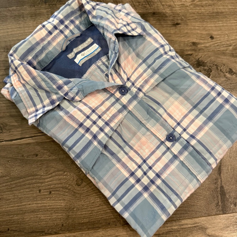 Columbia Omni-Shade‎ Plaid Fishing Shirt Womens XL Blue Pink Short Sleeve Hiking